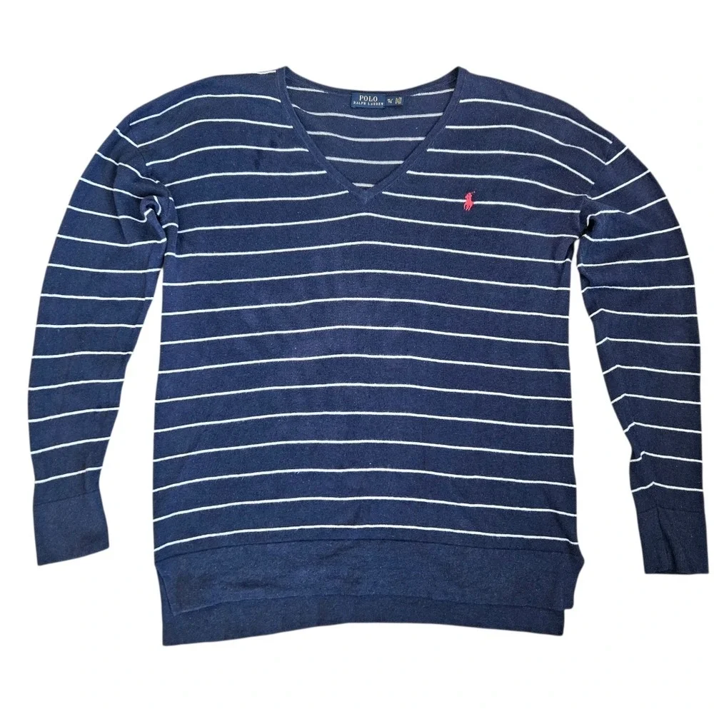 Polo Ralph Lauren Blue White Striped Pullover Sweater XL Coastal Preppy‎